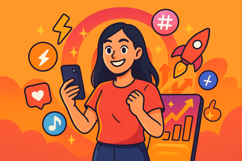 Cartoon Instagram creator holding phone with rocket, hashtag, and growth icons.