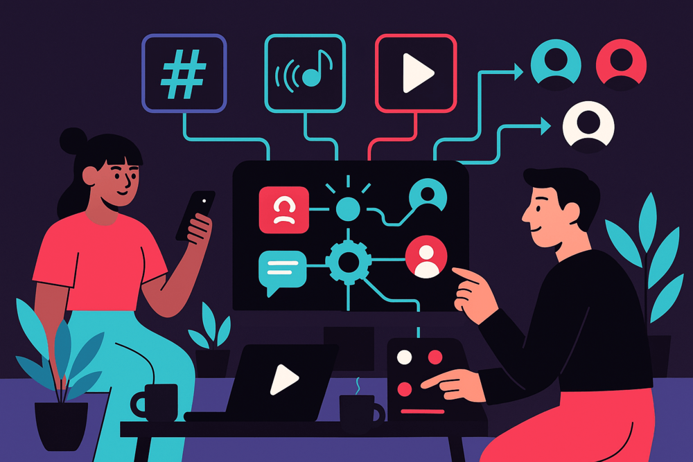 TikTok algorithm illustration with hashtags, sounds, and user engagement