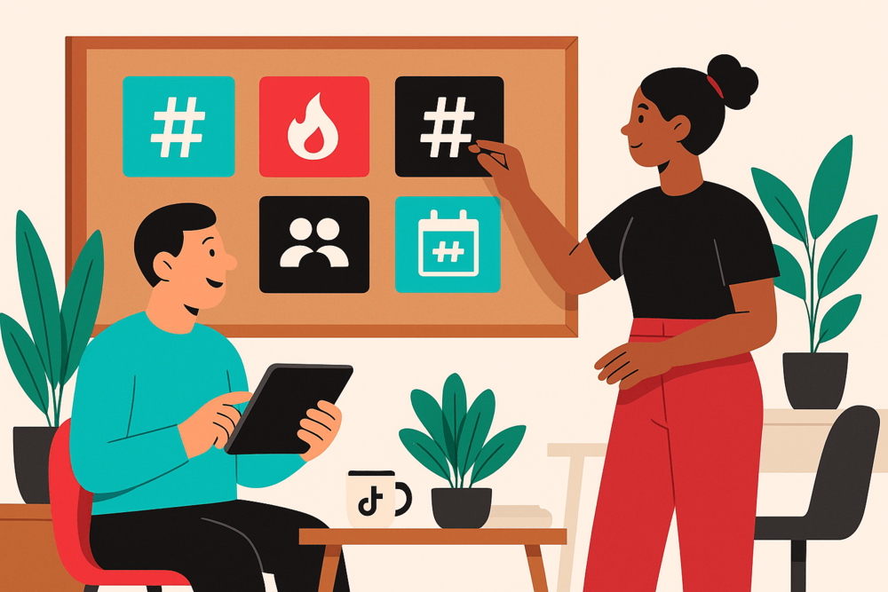 TikTok creators planning hashtag strategy illustration