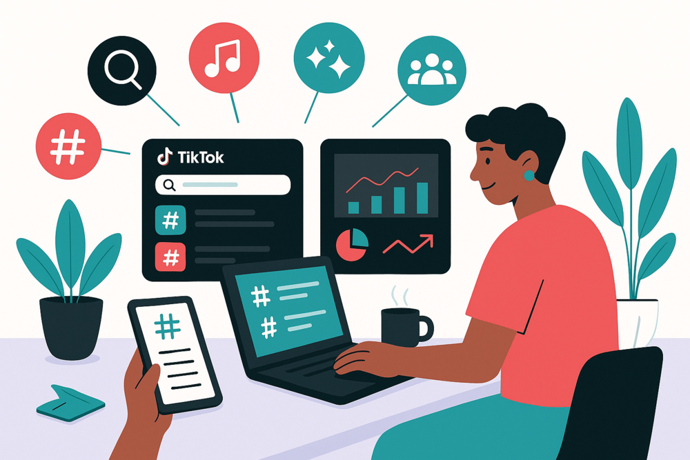 TikTok creator researching best hashtags illustration