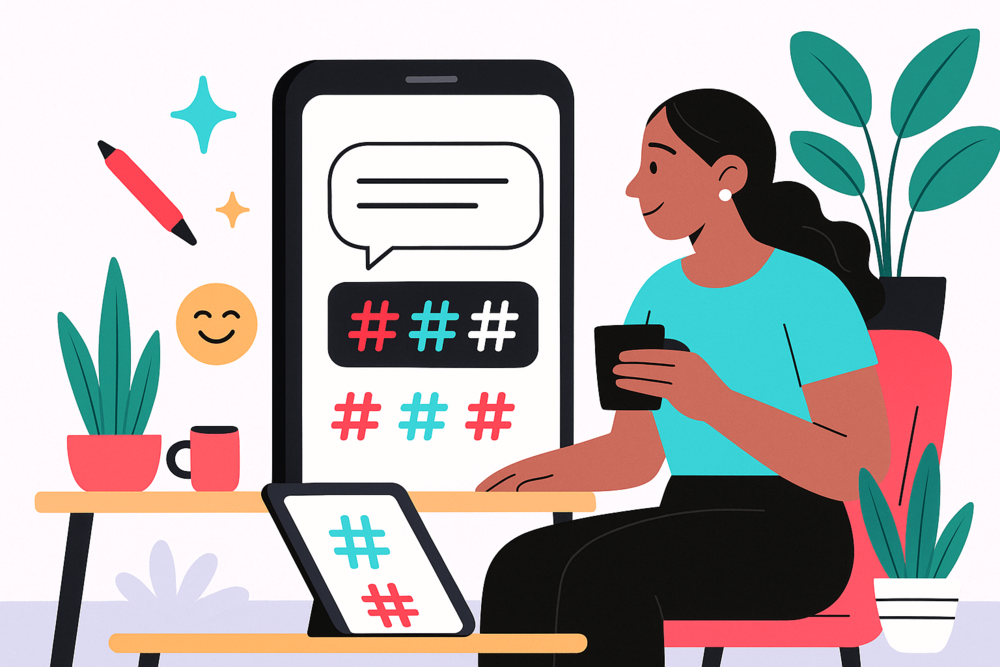 TikTok creator adding hashtags in video caption illustration