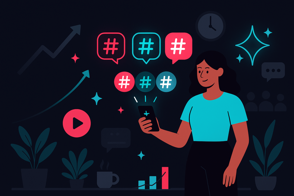 TikTok creator growing with hashtags illustration