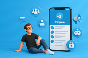 3D illustration of a man sitting next to a Telegram app screen with floating chat, group, bot, and lock icons on a blue background.