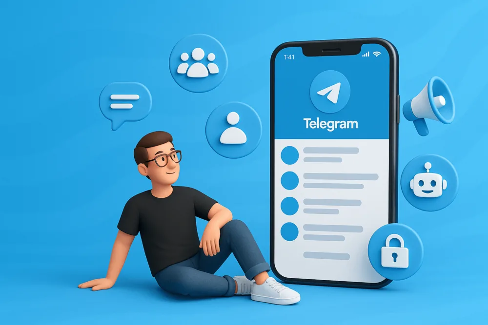 3D illustration of a man sitting next to a Telegram app screen with floating chat, group, bot, and lock icons on a blue background.