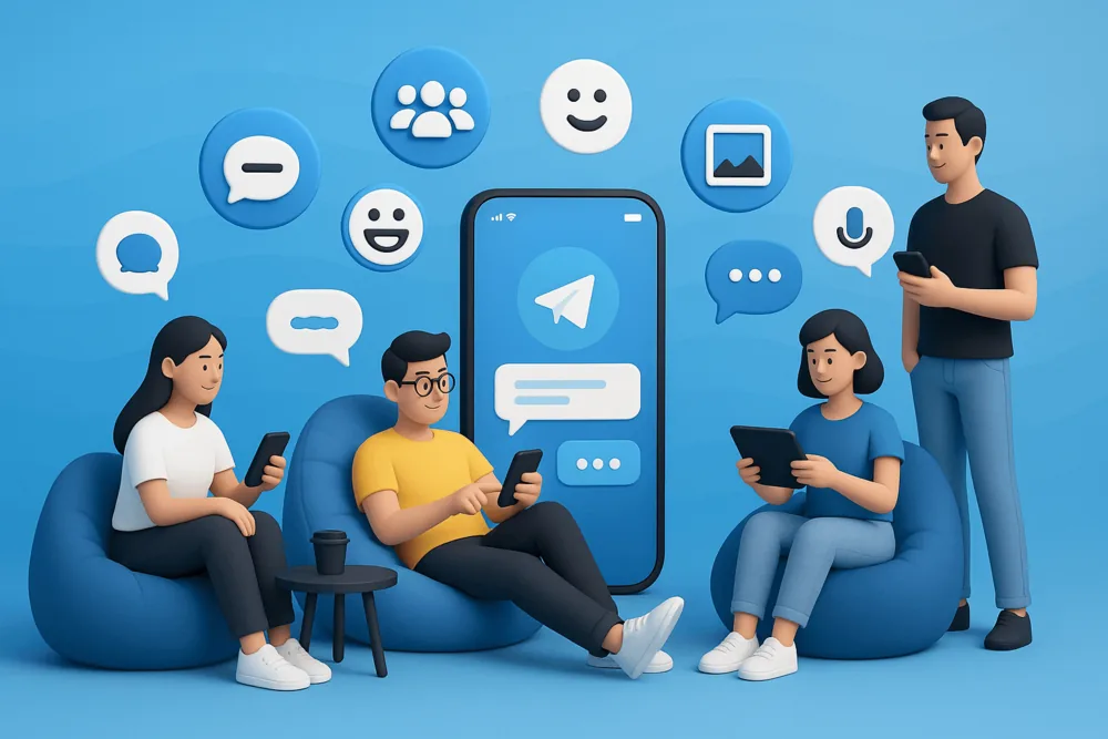 3D illustration of four people using phones and tablets with floating Telegram chat and media icons on a blue background.