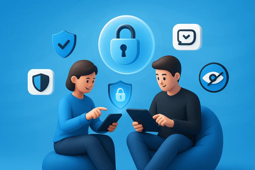 3D illustration of two people using tablets, surrounded by floating security icons like locks, shields, and privacy symbols on a blue background.