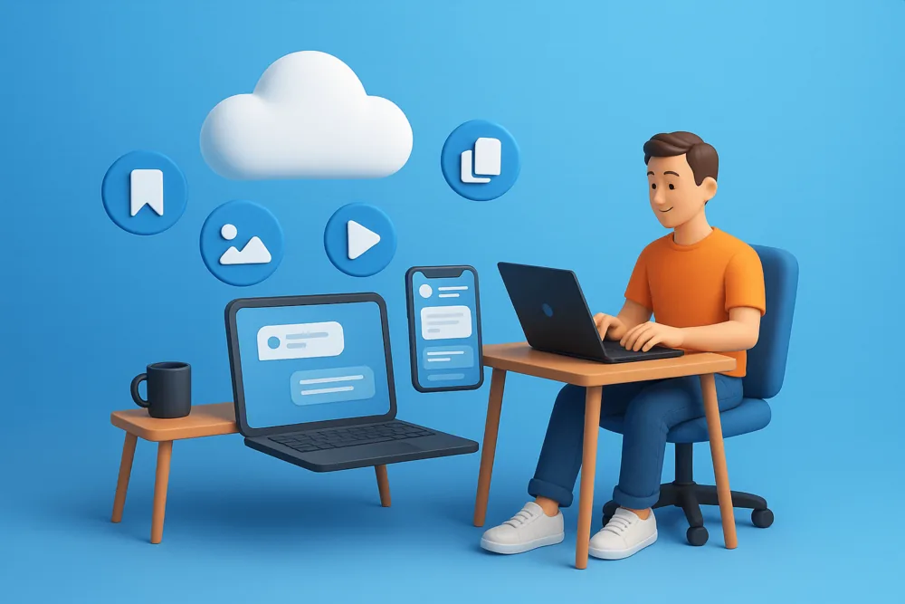 3D illustration of a person working on a laptop at a desk with floating cloud storage icons, files, and saved messages on a blue background.