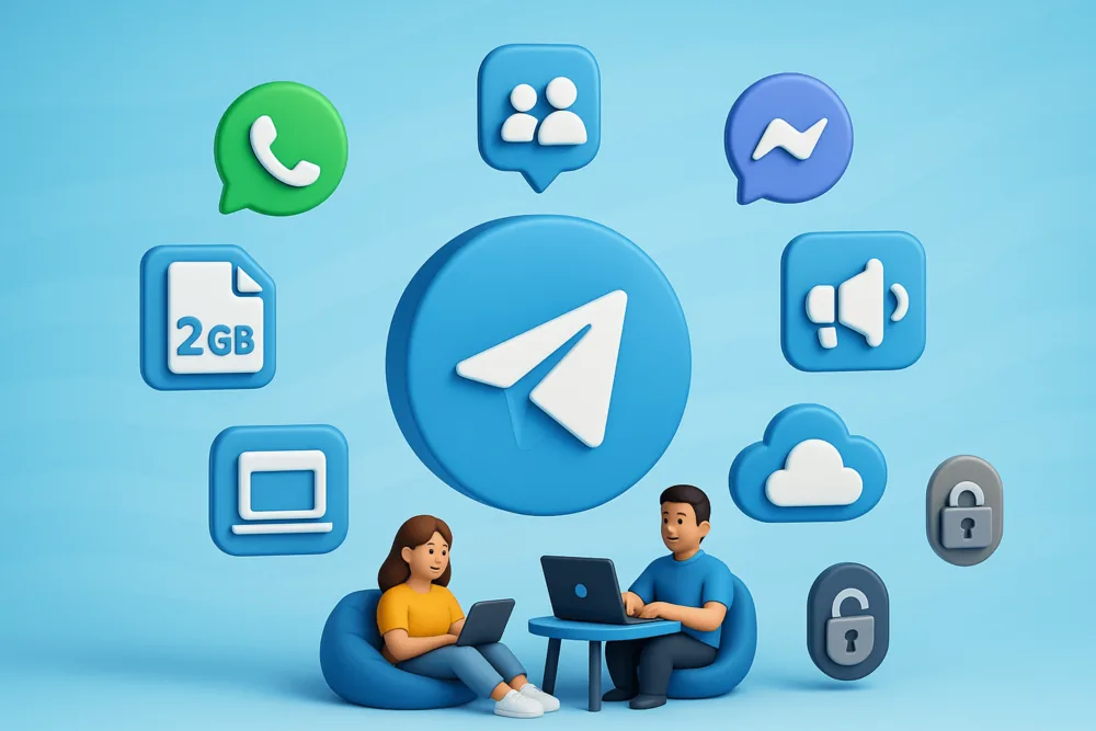 3D illustration comparing Telegram with other messaging apps, showing people using laptops and floating icons for files, groups, cloud, and security.