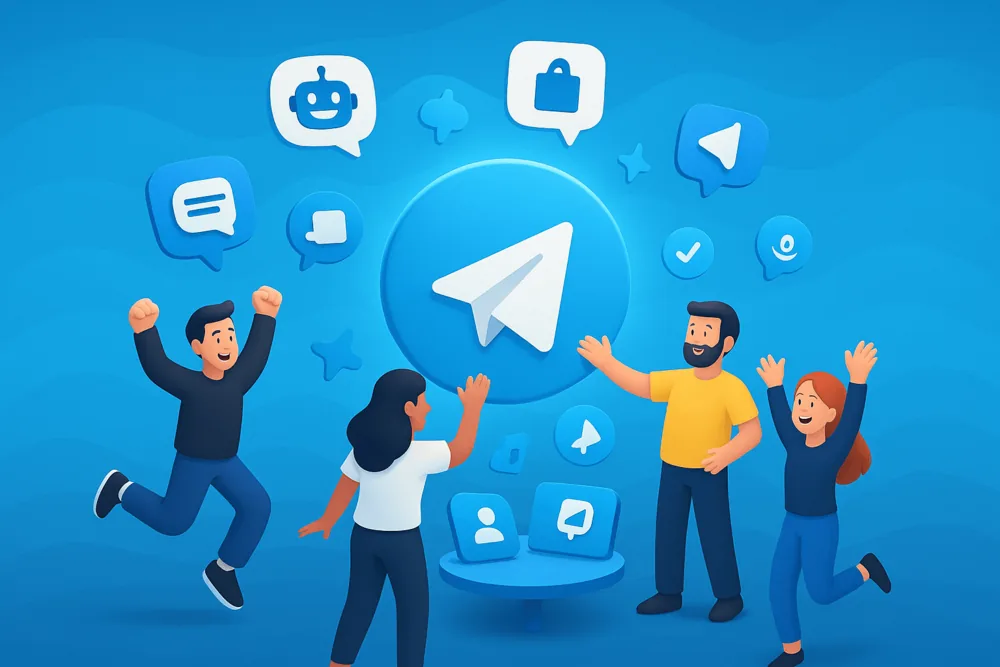 3D illustration of four people celebrating around a large Telegram logo with floating icons for chats, bots, and channels on a blue background.