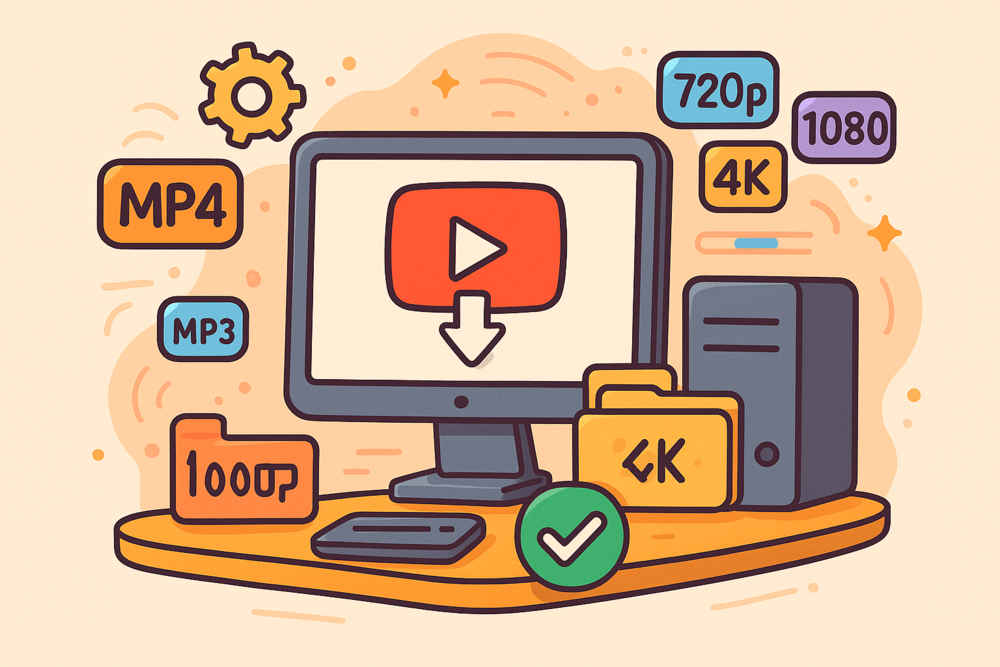 Desktop YouTube downloader software illustration.
