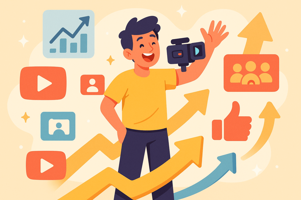 YouTube creator celebrating channel growth illustration.