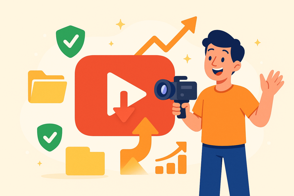 YouTube creator with camera and growth icons illustration.