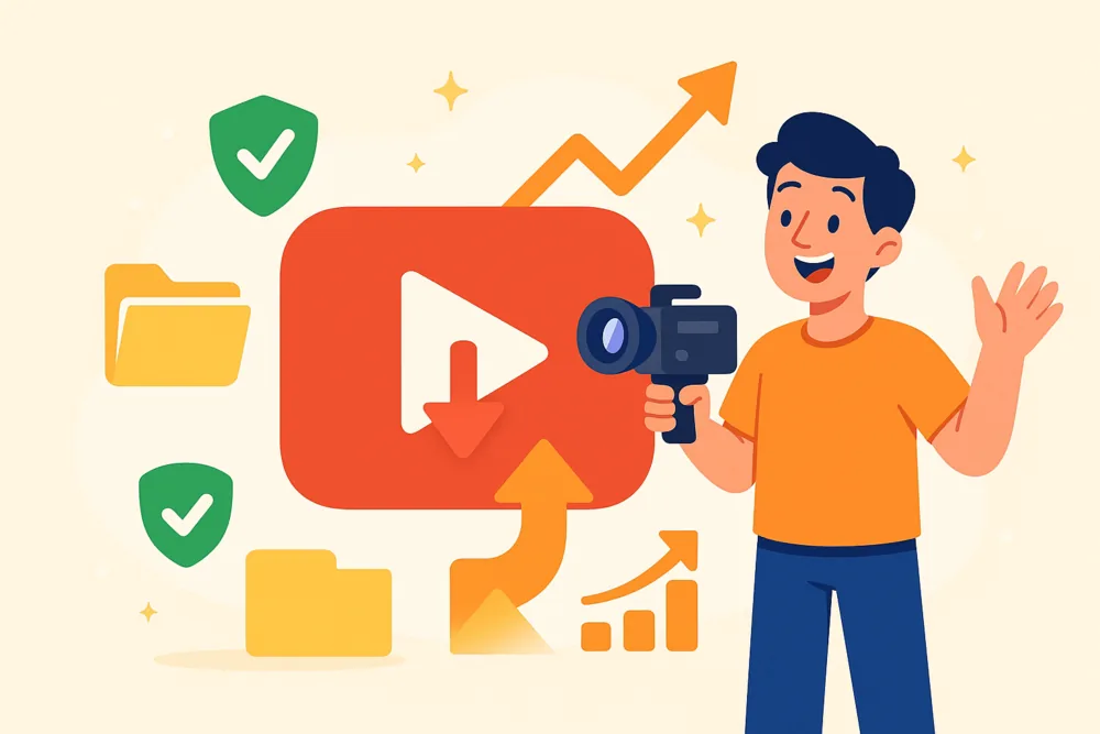 YouTube creator with camera and growth icons illustration.