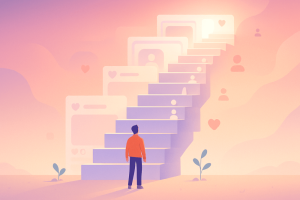 Person standing at the base of Instagram-style staircase symbolizing social media growth.