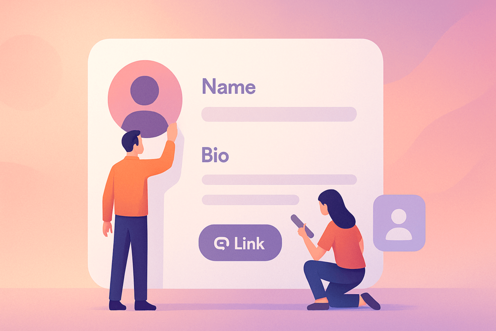 Two people optimizing an Instagram profile by editing name, bio, and adding a link.