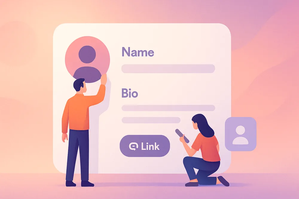 Two people optimizing an Instagram profile by editing name, bio, and adding a link.