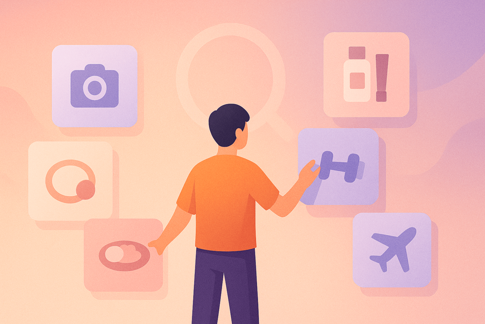 Person selecting content categories represented by floating icons for niche and theme ideas.