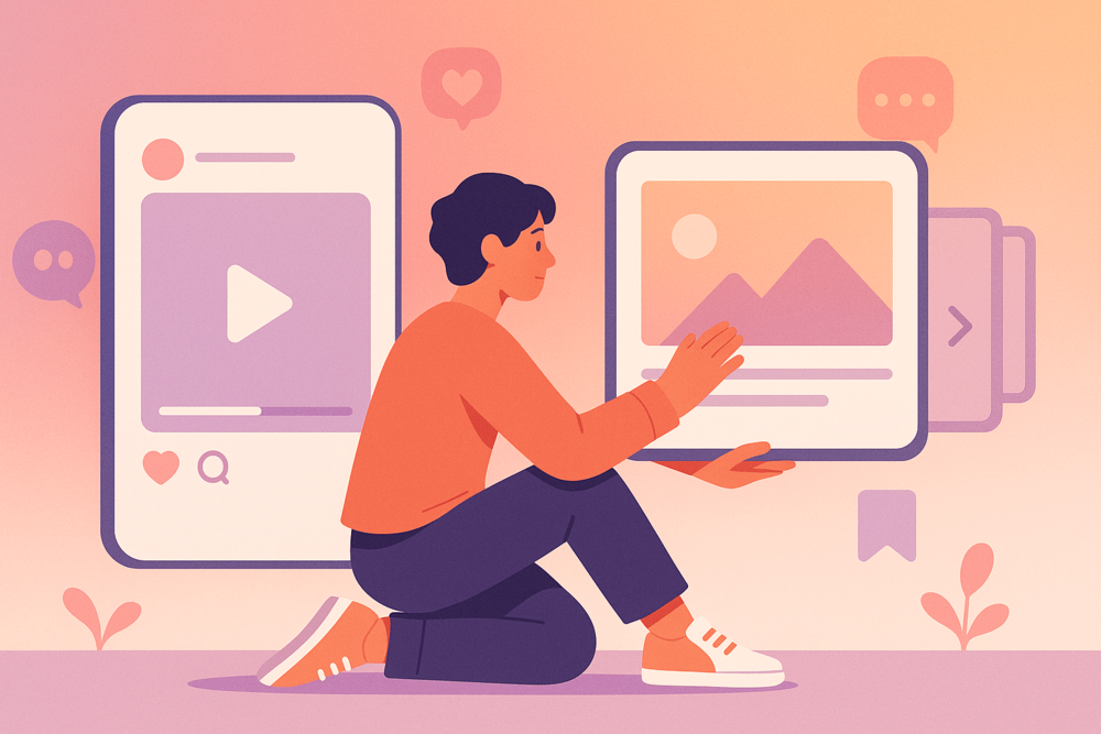 Person creating Instagram content using Reels and carousel post formats.