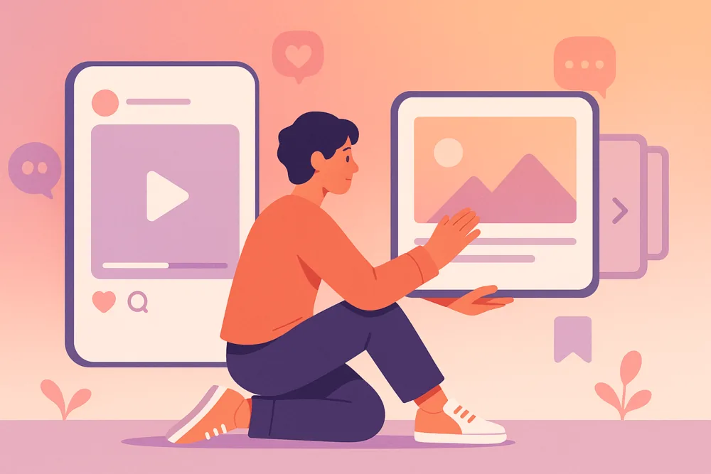 Person creating Instagram content using Reels and carousel post formats.
