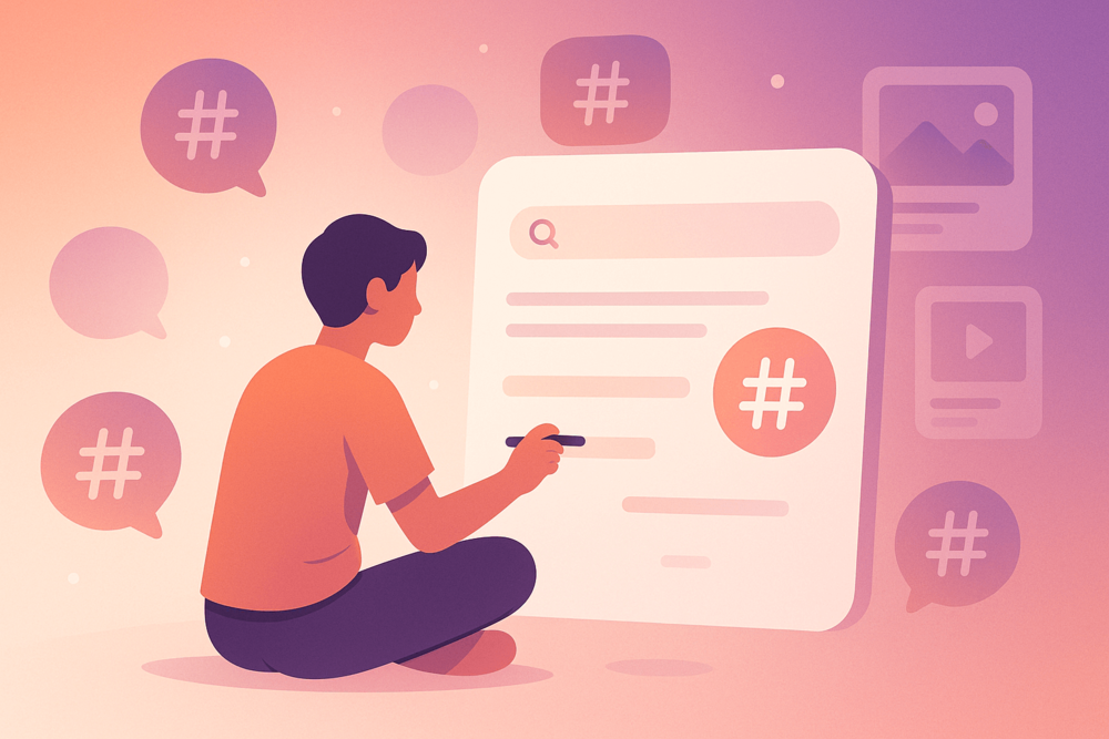 Person adding hashtags and keywords to an Instagram post for better discoverability.