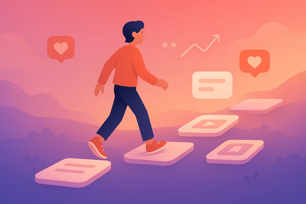 Person stepping across floating Instagram post icons representing consistent content creation.