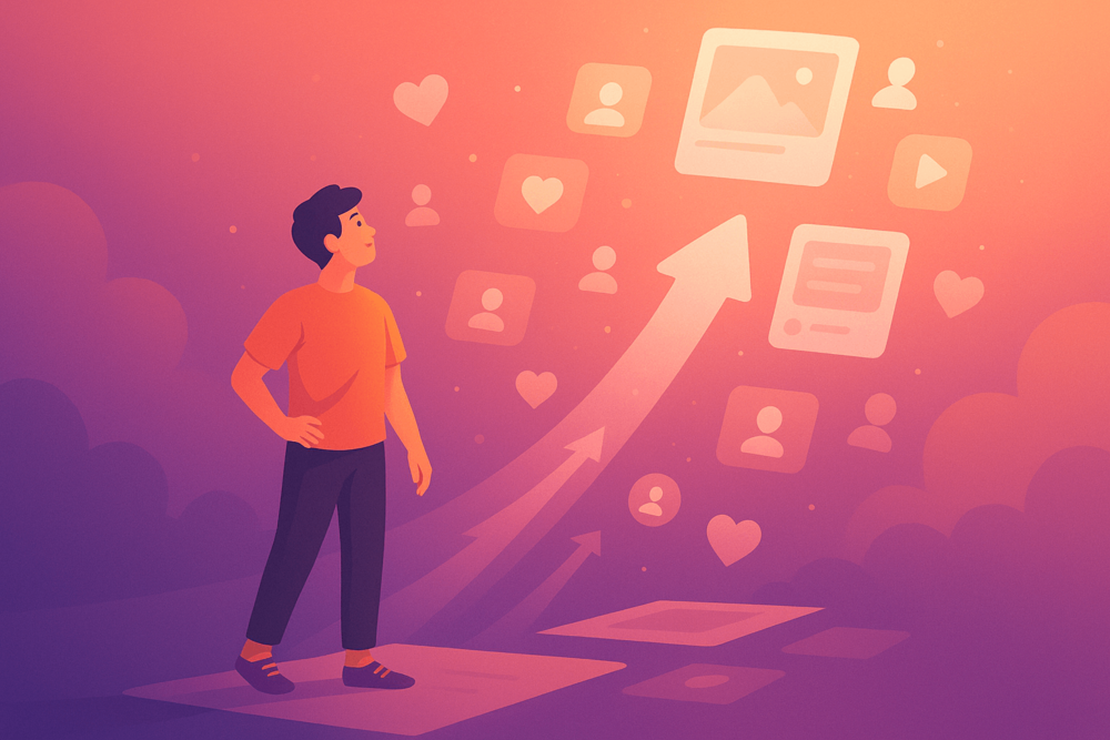 Person watching Instagram posts, likes, and followers rise upward symbolizing growth boost.