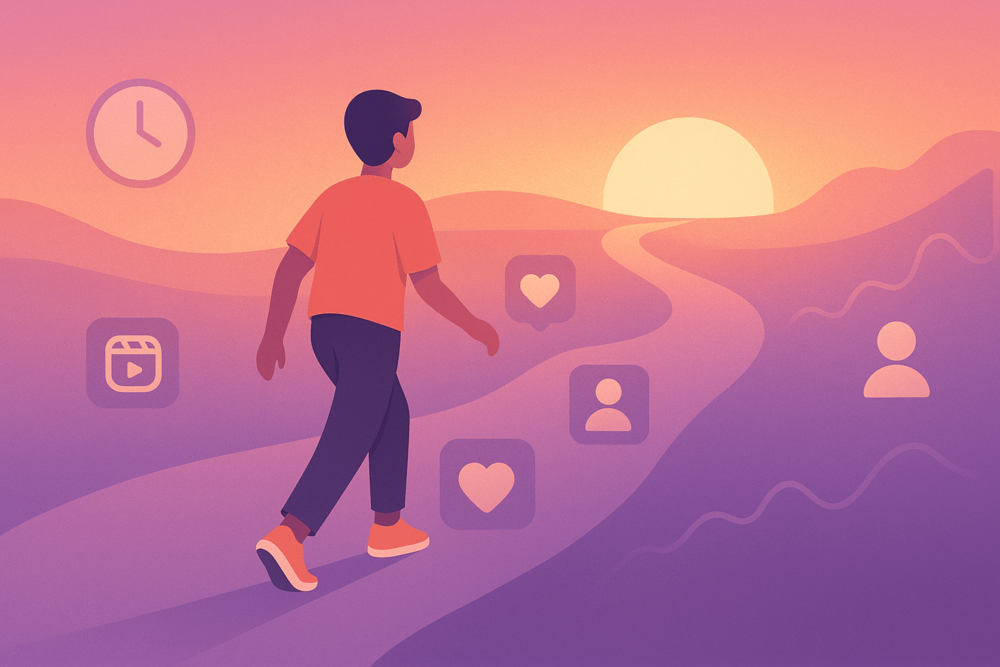 Person walking on a winding path with Instagram icons toward a sunrise, symbolizing gradual growth.