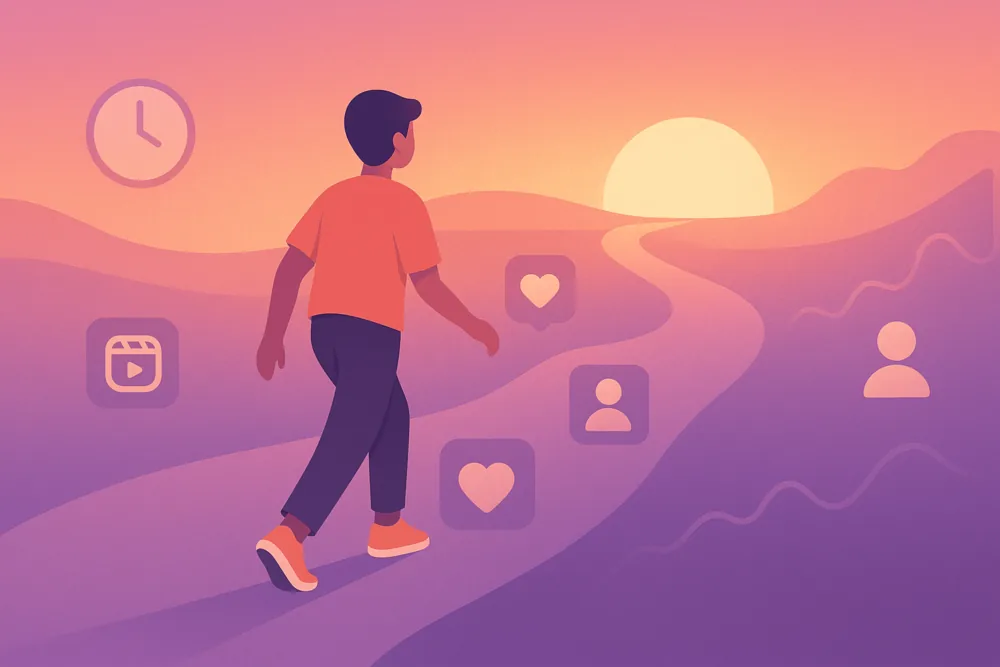 Person walking on a winding path with Instagram icons toward a sunrise, symbolizing gradual growth.