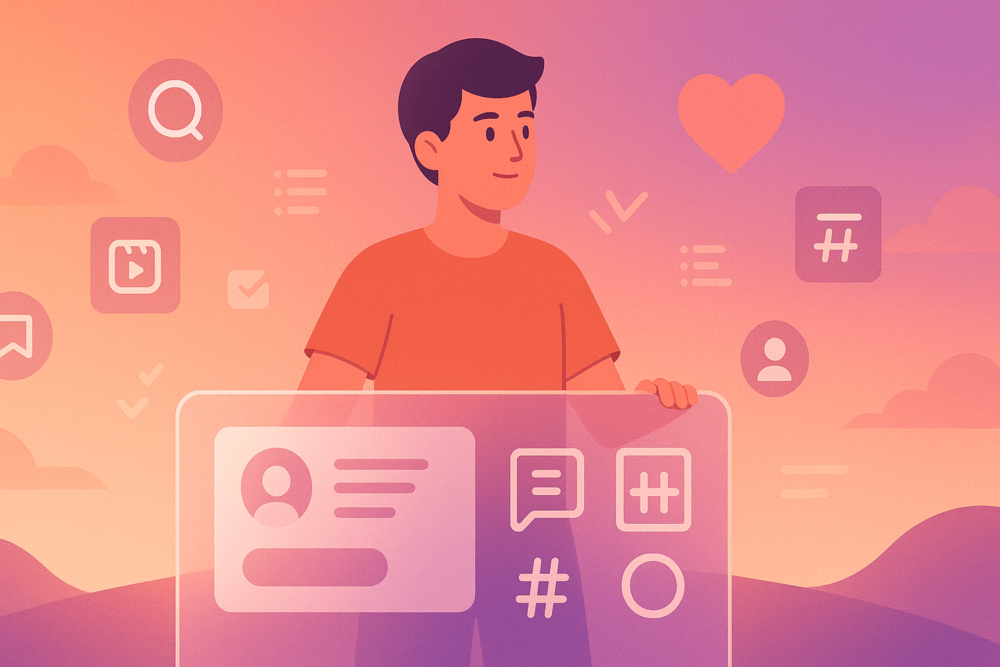 Person holding a transparent board with social media profile, chat, and hashtag icons in a digital marketing concept.