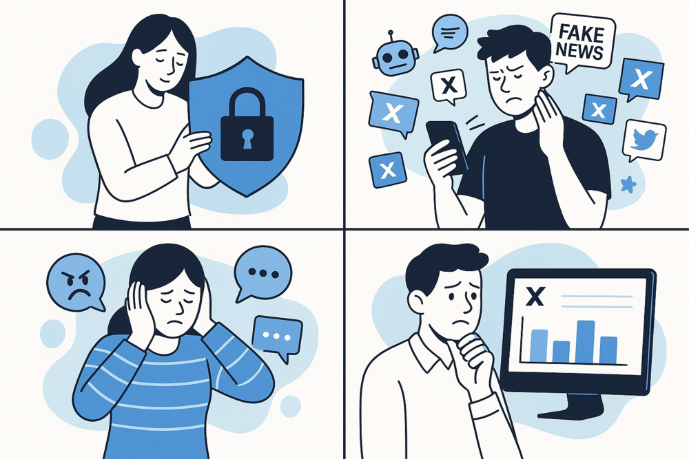 Four-panel illustration showing reasons people delete Twitter (X) accounts.