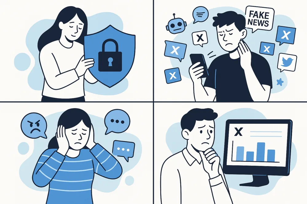 Four-panel illustration showing reasons people delete Twitter (X) accounts.