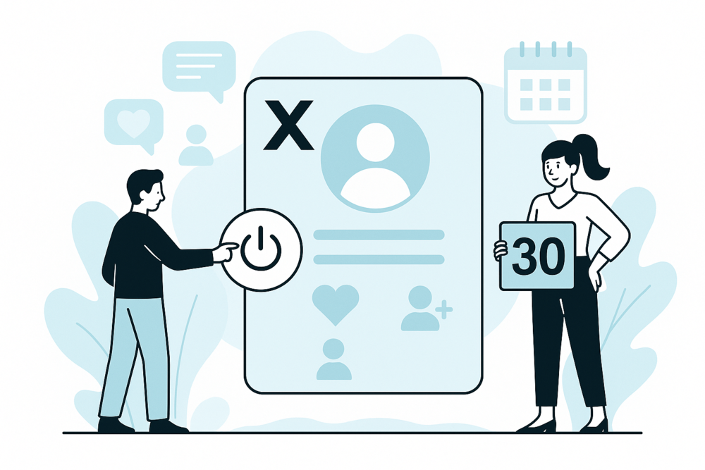 Illustration showing Twitter (X) account deactivation with 30-day countdown.