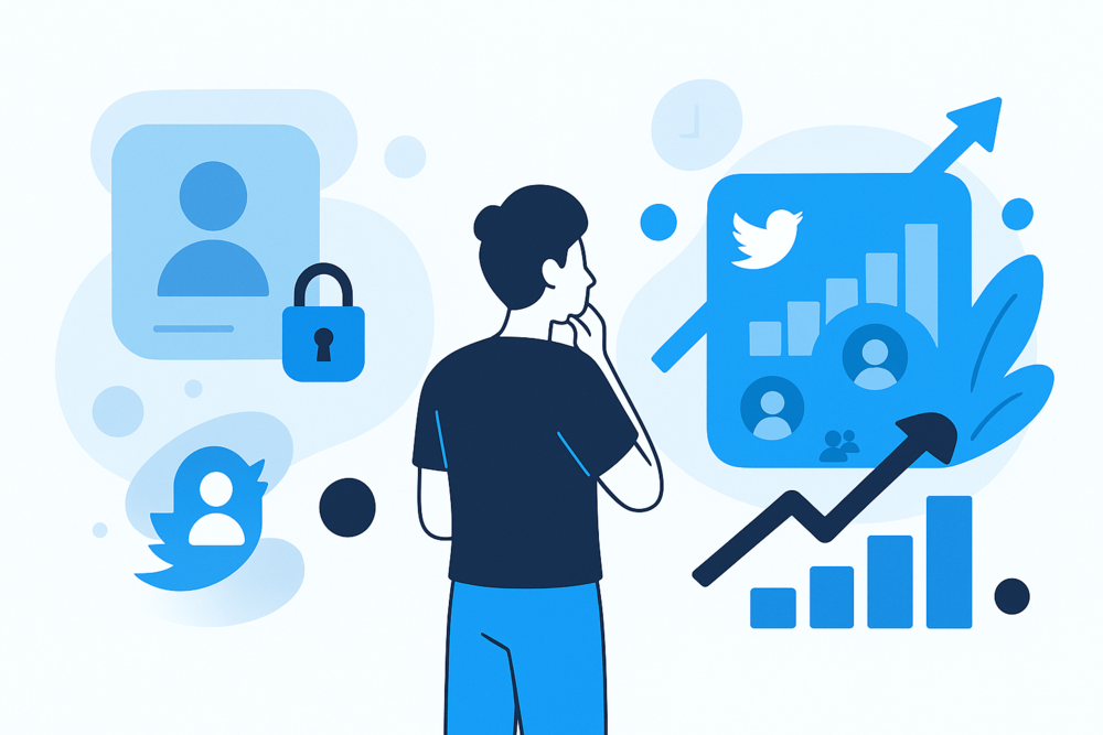 Illustration showing a person choosing between deleting a Twitter (X) account or growing it.