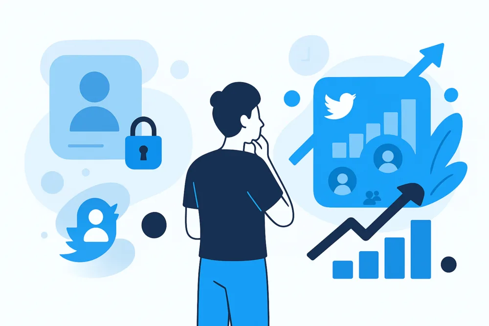Illustration showing a person choosing between deleting a Twitter (X) account or growing it.