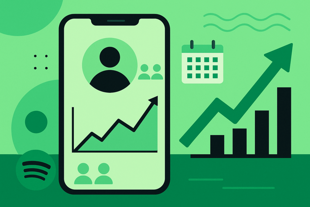 Spotify mobile analytics with user growth and calendar icons