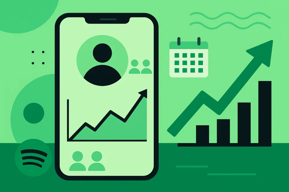 Spotify mobile analytics with user growth and calendar icons