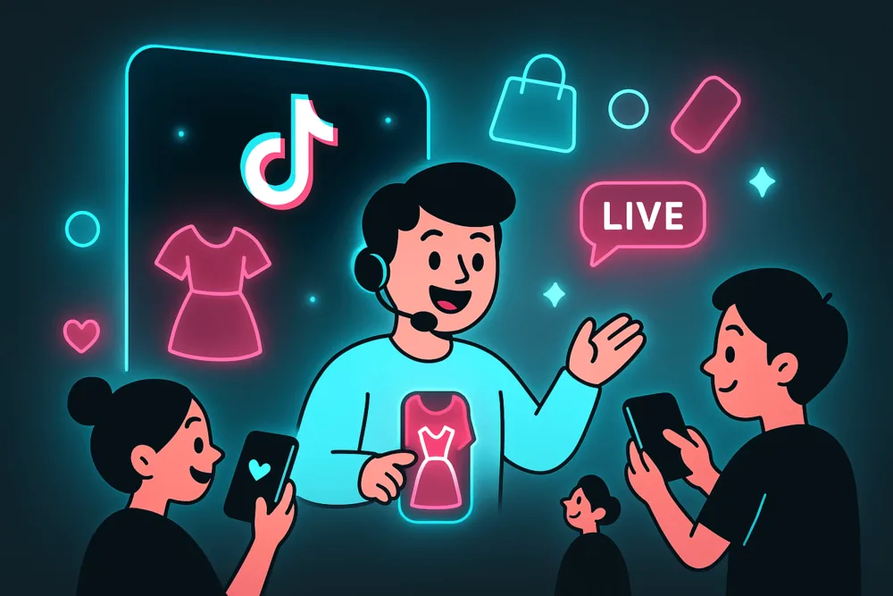 Cartoon illustration of a TikTok live shopping host presenting products to viewers with glowing icons.