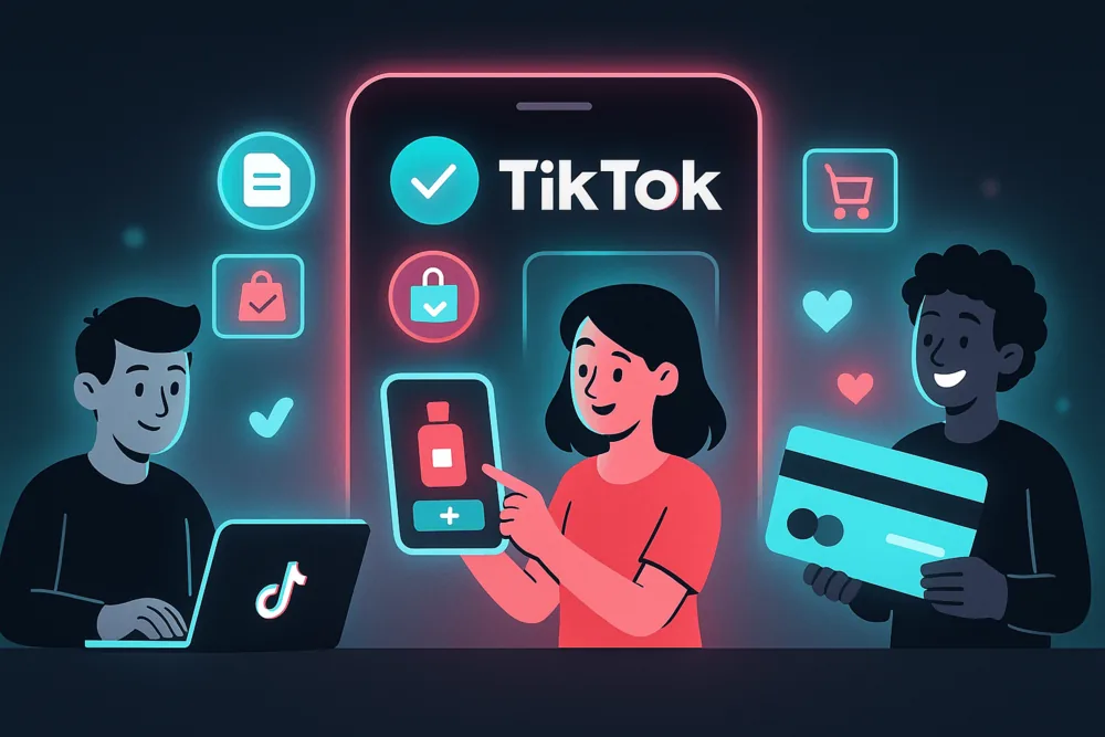 Cartoon illustration of sellers setting up a TikTok Shop account with laptop, tablet, and payment card.