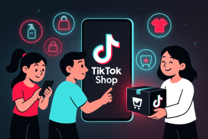 Cartoon characters shopping and selling on TikTok Shop with glowing icons.