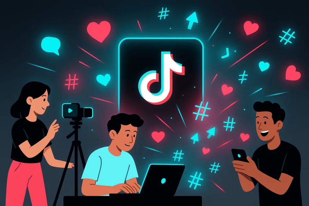 Cartoon illustration of creators promoting TikTok products with filming, editing, and viral icons like hearts and hashtags.