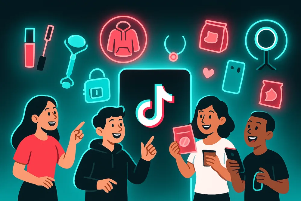 Cartoon illustration of TikTok Shop product categories.