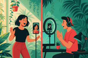 Two TikTok creators filming a duet in a split-screen setup, one singing and the other reacting with headphones in a plant-filled room.