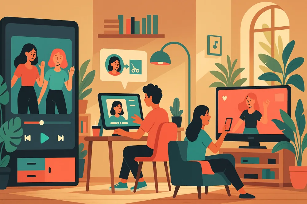 Three TikTok creators using duet, stitch, and repost features in a cozy plant-filled room with screens showing different video formats