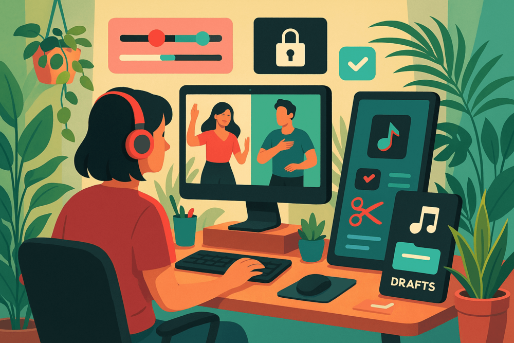 TikTok creator editing a duet video at a desk with floating icons for volume control, privacy, trimming, and drafts in a plant-filled workspace