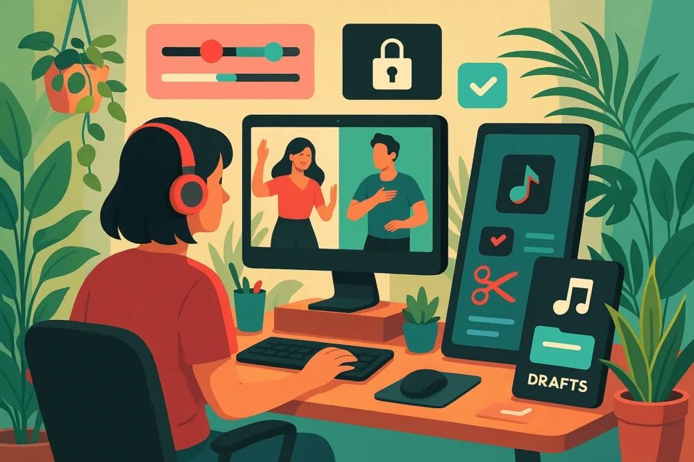 TikTok creator editing a duet video at a desk with floating icons for volume control, privacy, trimming, and drafts in a plant-filled workspace