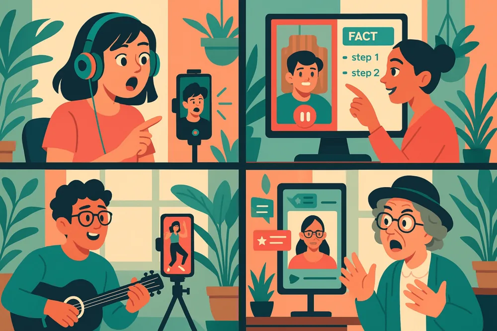 Four TikTok creators showcasing duet ideas, including reactions, tutorials, musical collaborations, and comedic reenactments, in a colorful indoor setting