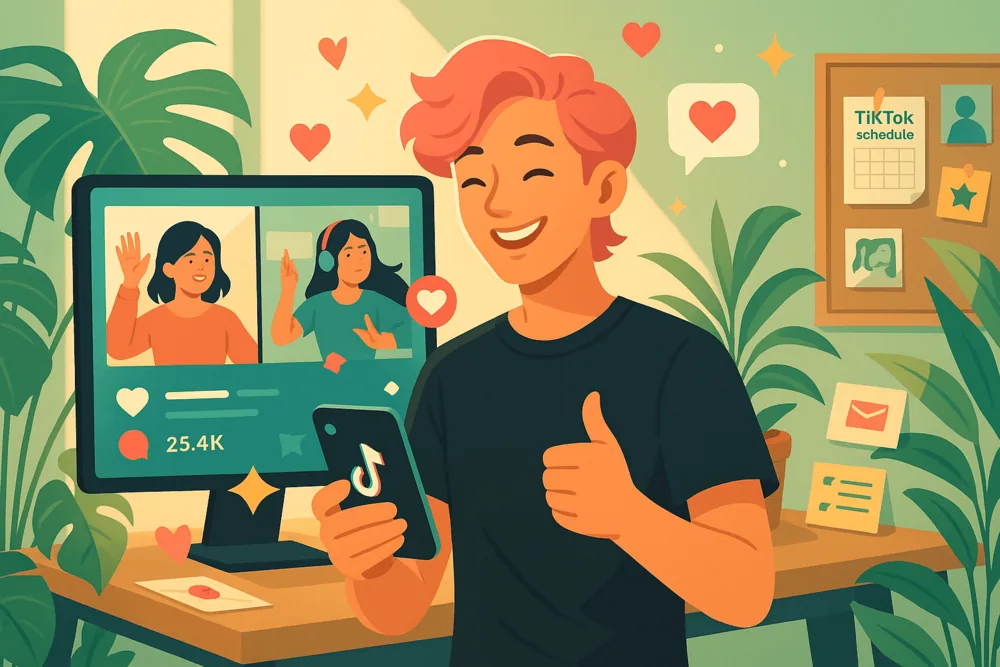 Happy TikTok creator giving a thumbs up while watching a successful duet on screen, surrounded by hearts, social icons, and a content planning board