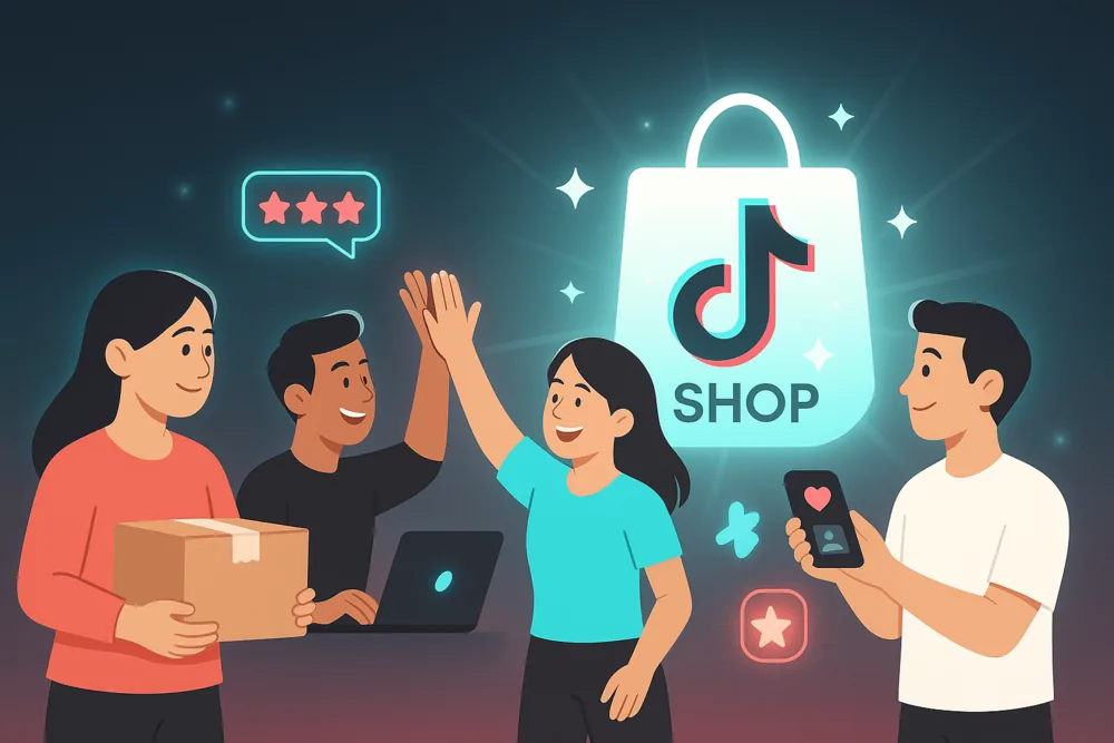 Cartoon illustration of sellers celebrating TikTok Shop success with high-fives, reviews, and a glowing shopping bag.