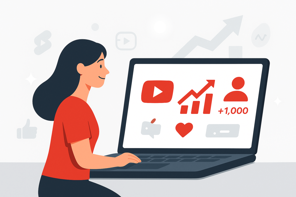 Cartoon illustration of a YouTube creator reviewing channel growth on a laptop