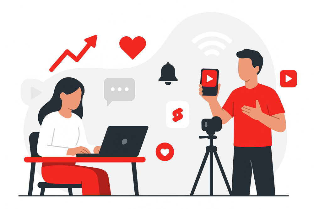 Cartoon illustration of YouTube creators replying to comments and recording
